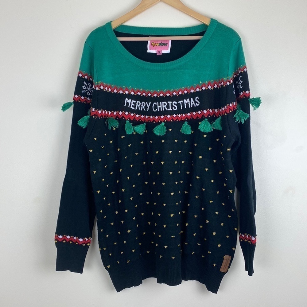 Tipsy Elves Woman’s XL Christmas Sweater Tassels Black and Green